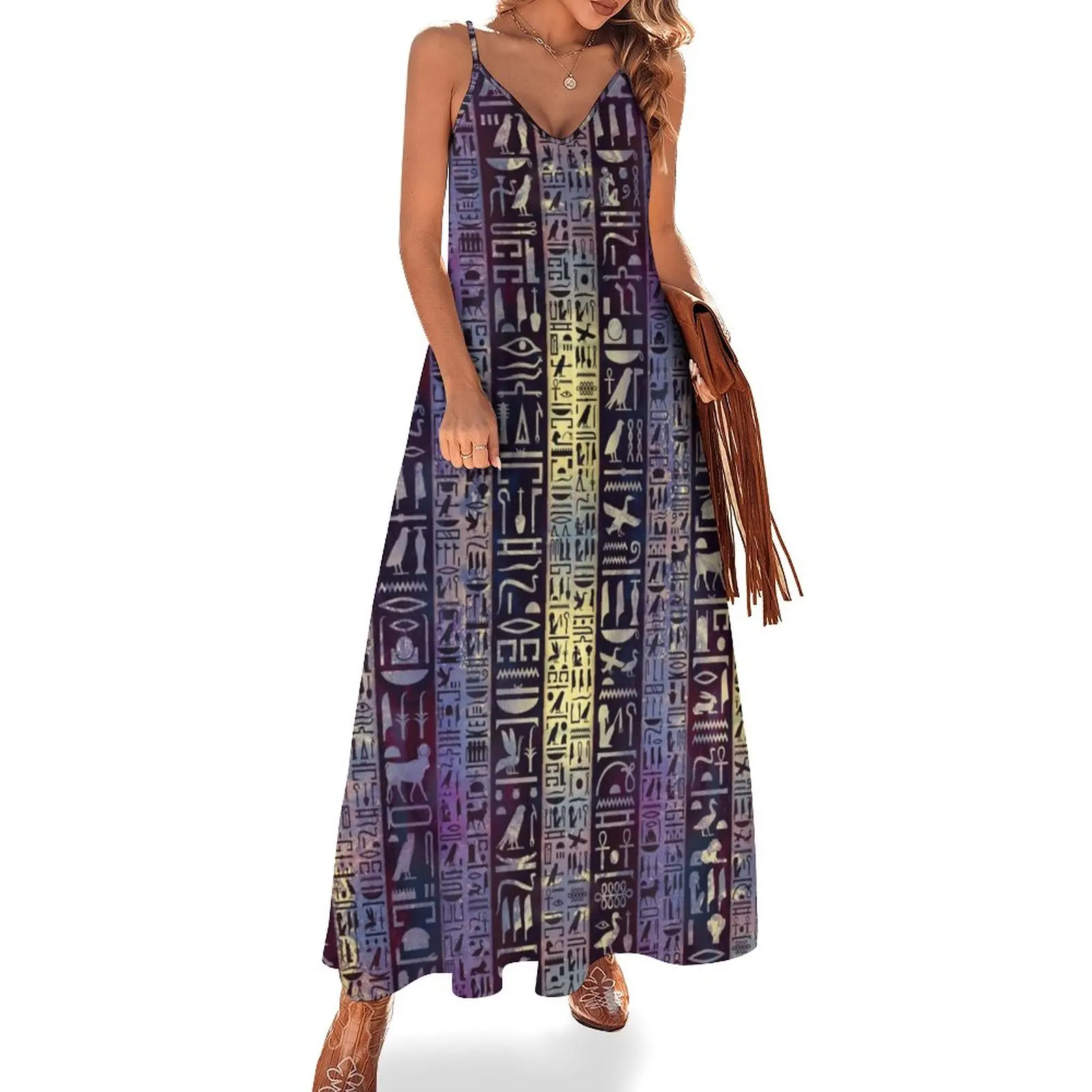 Egyptian hieroglyphs on purple violet painted texture Sleeveless Dress luxury woman evening dress Long dress