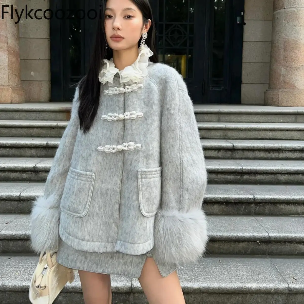 Autumn and Winter New High-end Stitching Button Stitching Long-sleeved Jacket Women's Korean Version Simple Skirt Two-piece Set