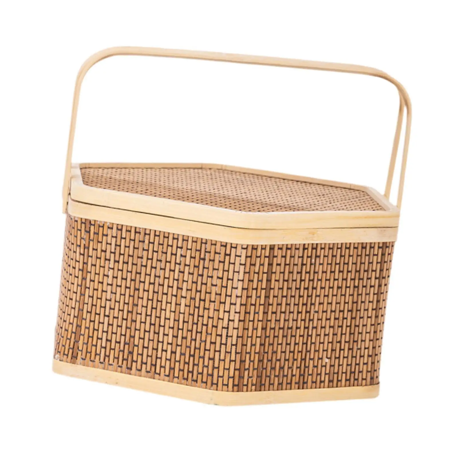 

Woven Bamboo Basket with Top Handle Bamboo Woven Basket for Tea Picnic Bread