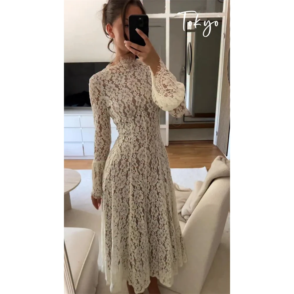 Tokyo Womens Elegant High Neck Floral Lace Midi Dress Long Sleeve See Through Wedding Guest Bridal Shower Formal Evening Gowns