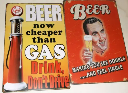 2 x BEER METAL TIN SIGNS vintage cafe pub bar - SEE DOUBLE + CHEAPER THAN GAS