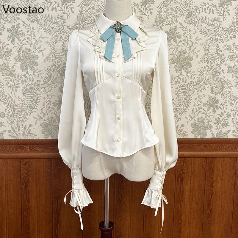 Victorian Gothic Lolita Shirts Women Japanese Vintage Y2k Ruffles Gigot Sleeve Slim Blouses Female Elegant Sweet Princess Shirts