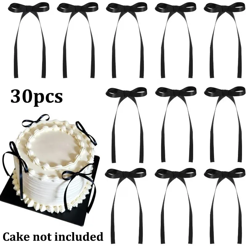 30pcs Bow-shaped Cake Decorations in Black, Red and Ribbons, Suitable for Cakes, Cupcakes, Baby Showers, Birthdays, Weddings