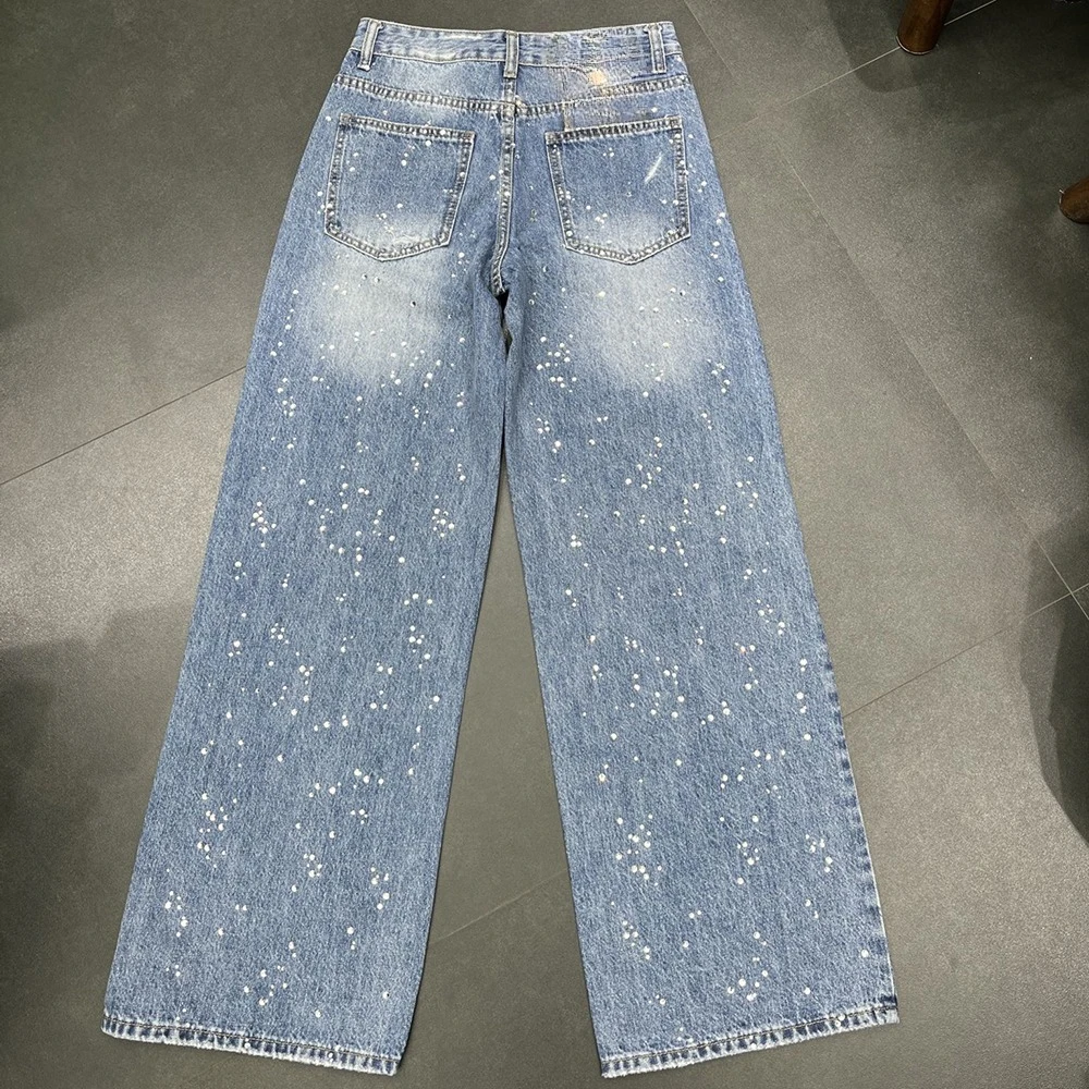 TWOTWINSTYLE Casual Slimming Jeans For Women High Waist Spliced Diamonds Spring Design Sense Trousers Female Fashion KPA557168