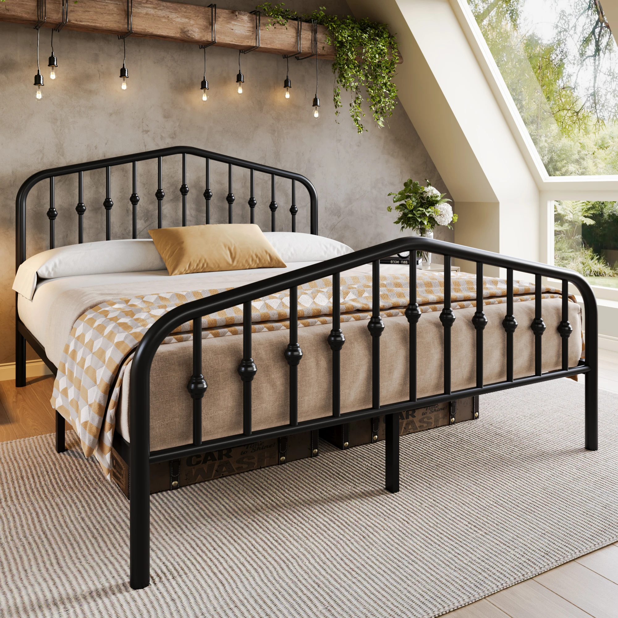 HOOMIC 14'' Metal Bed Frame with Victorian Headboard & Footboard, Heavy-Duty Wrought Iron Platform Bed Allewie