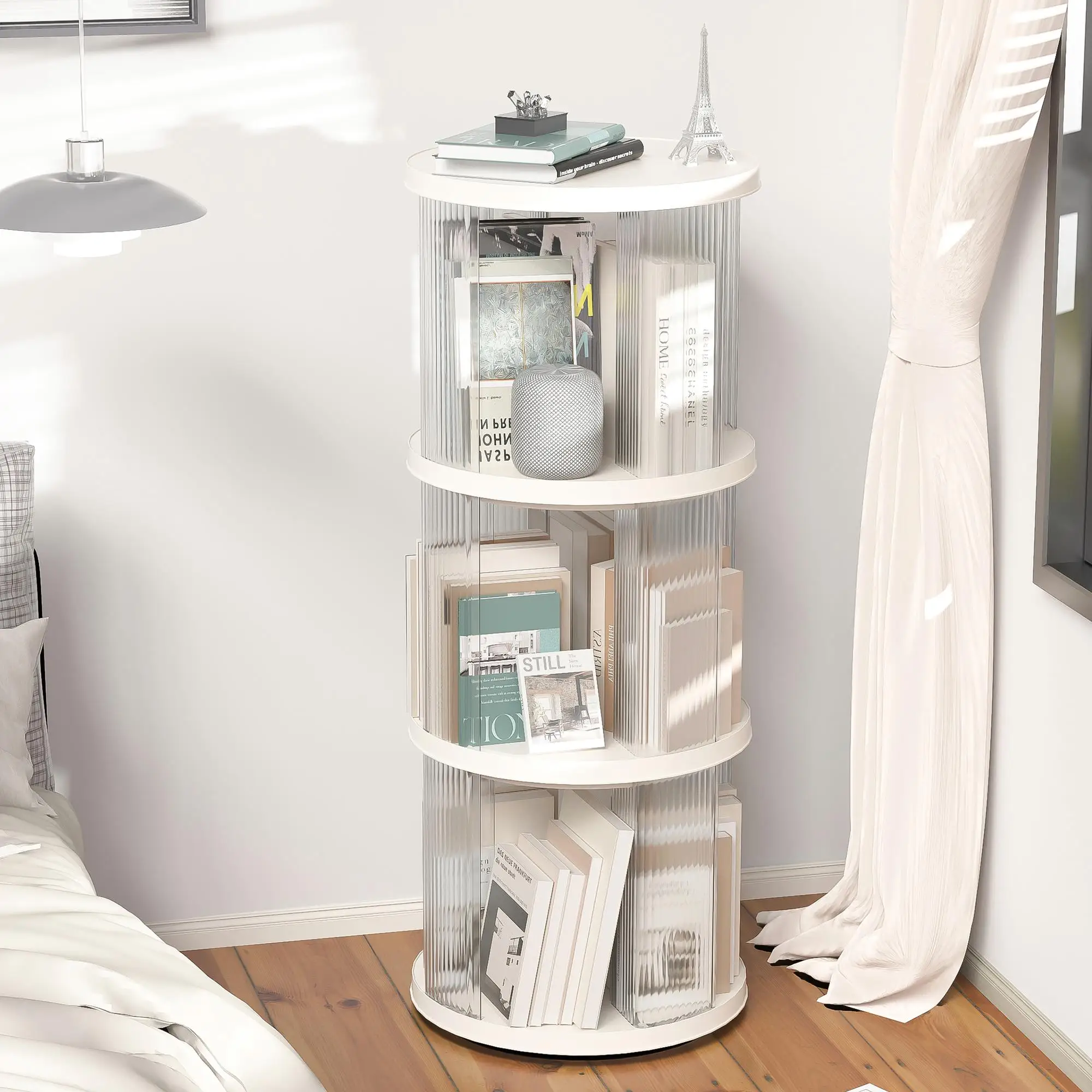 

360° Rotating Corner Bookshelf - 3-Tier Small Floor Stand Organizer for Kids & Adults, Round White Bookcase for bedroom & Living