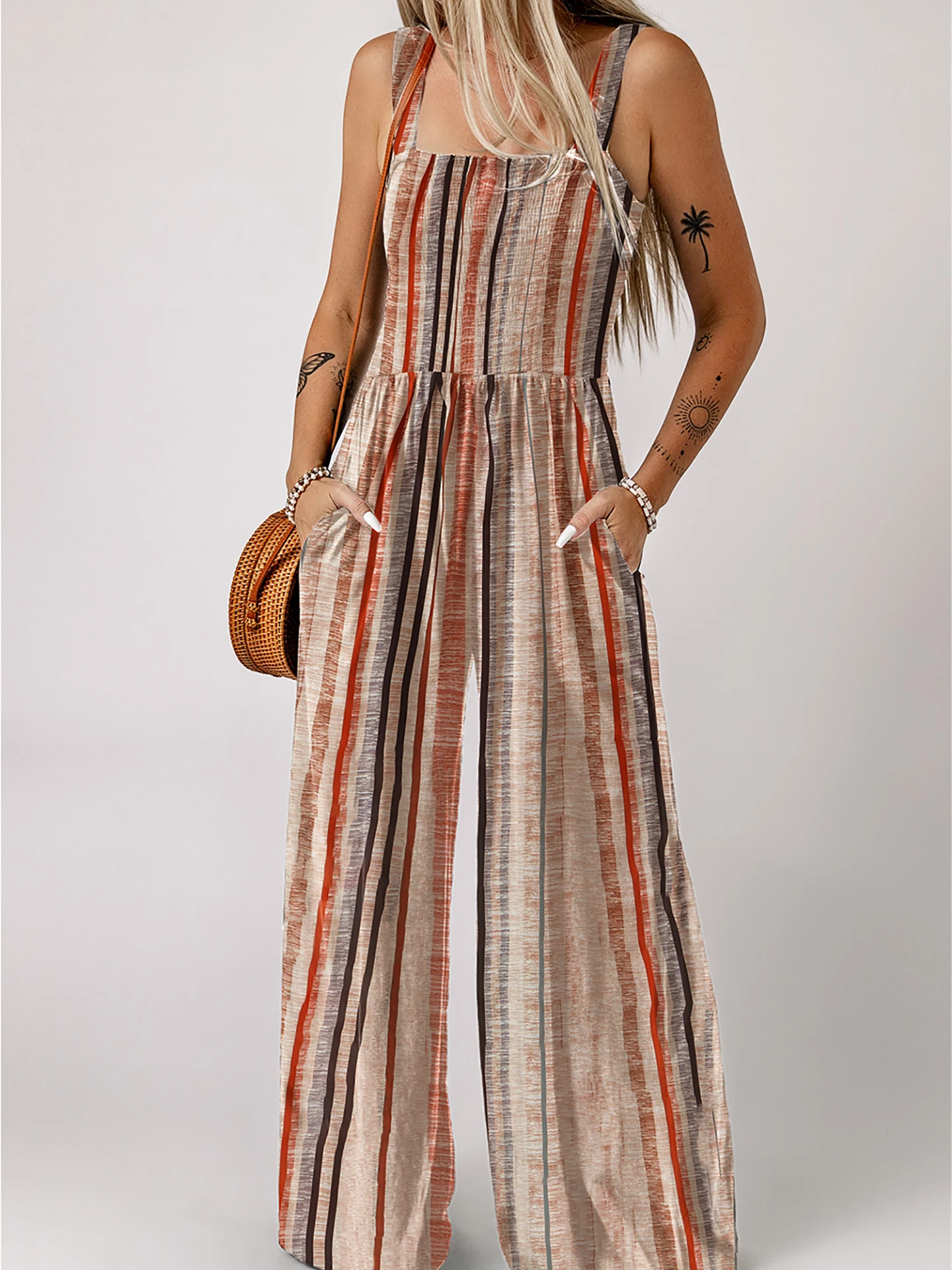 DearLover Gestreepte Wijde Pijpen Jumpsuit Dames Loose Fit Zomer Nieuwe Sle Hoge Taille Lange Broek Polyester Stof Pendelen Sle