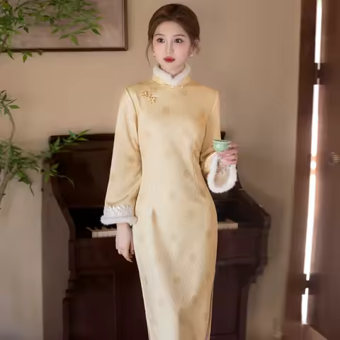 Yourqipao Winter Yellow Fleece-lined Thick Long-sleeved Traditional Cheongsam Chinese Style Evening Dress Qipao for Women
