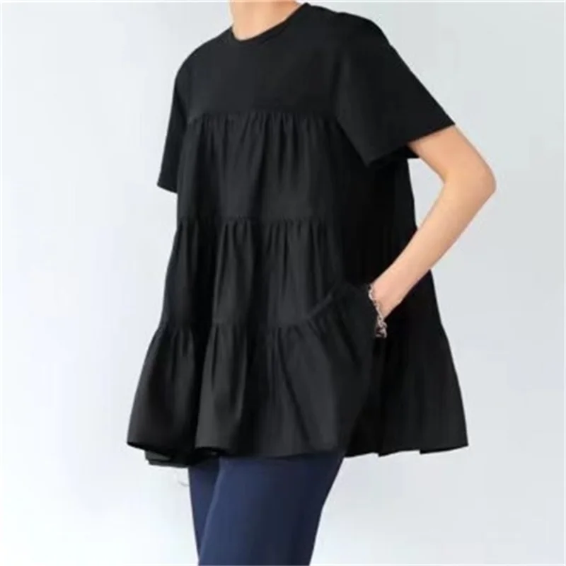 Slim Fit Summer New Women's T-irt Fluffy Layered ort Sve round Ne Top Breathable Comfortable Cotton Pure Color