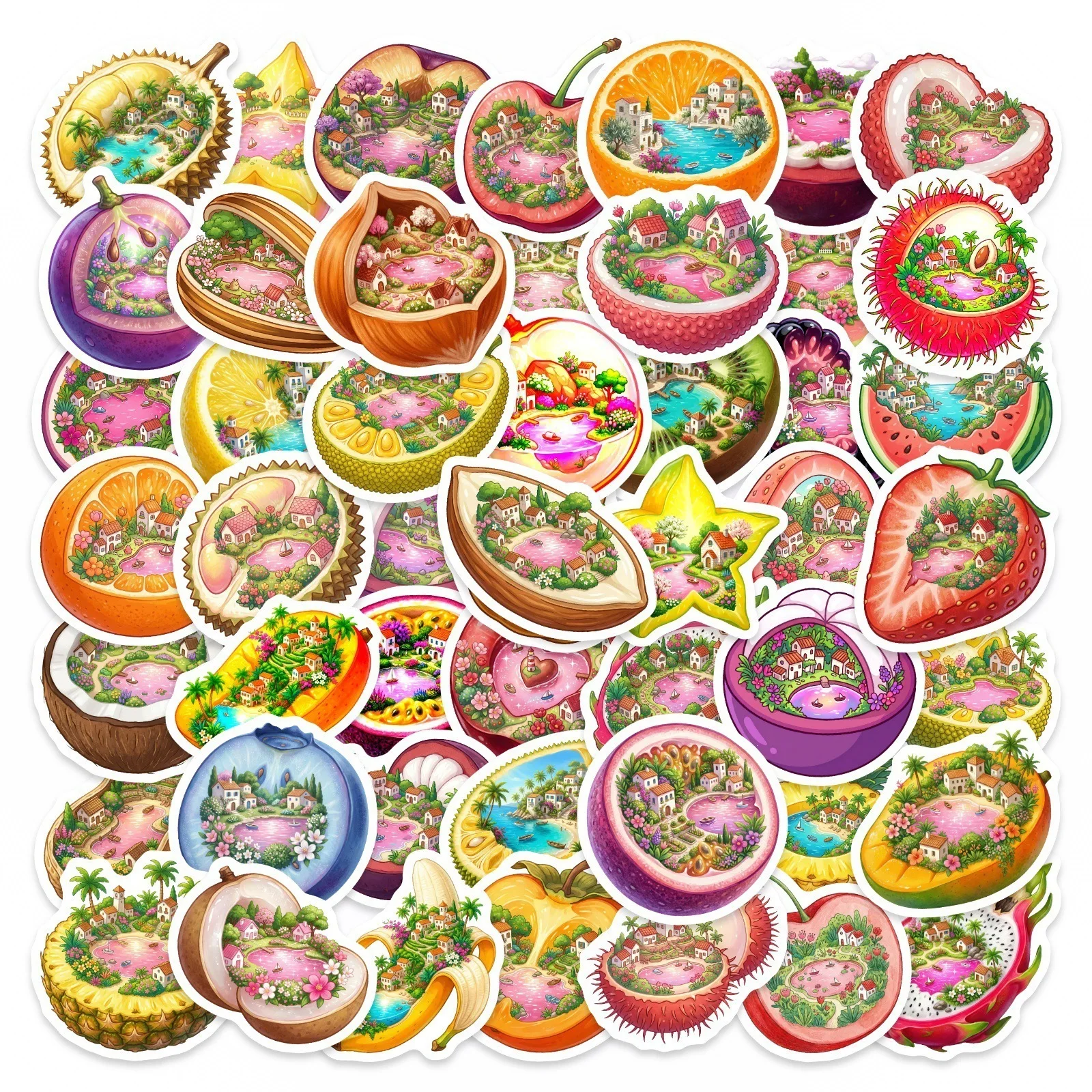 50 Pcs Fun Fantasy Fruit Realm Stickers Pack Cartoon Tropical Fruit Creative Decorate Phone Skate Guitar Scrapbook Vinyl Sticker