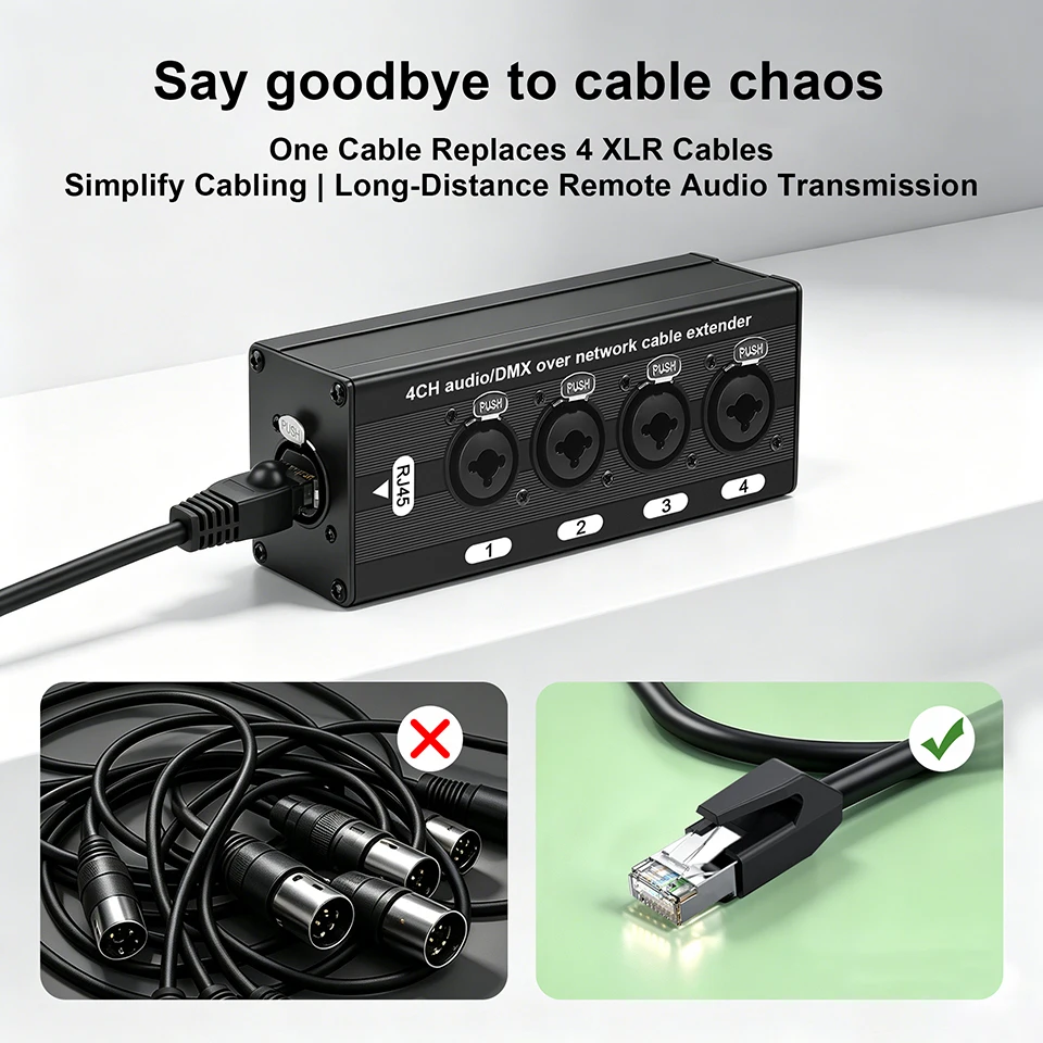4-Kanal 3-Pin XLR DMX Audio Extender STP Cat5 Cat6 DMX512 Netzwerk-Signalverstärker für Live-Bühnen-Audio und Aufnahmestudios – Detail 6