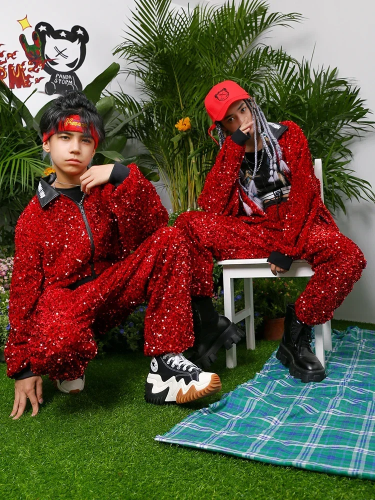 Kids Hip-Hop Dance Performance Costume Red Sequin Tops Pants Drum Jazz Dance Clothes For Girls Boys K-pop Stage Outfit BL9284