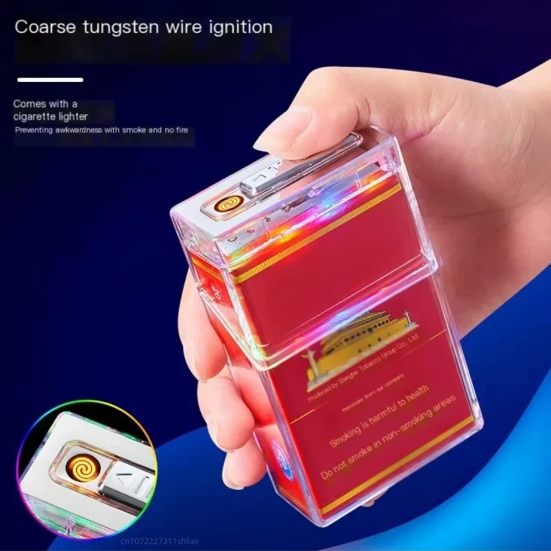 Multifunctional Colorful Light Transparent Cigarette Box Tungsten Wire Ignition Lighter 20 Coarse Cigarette USB Charging Lighter