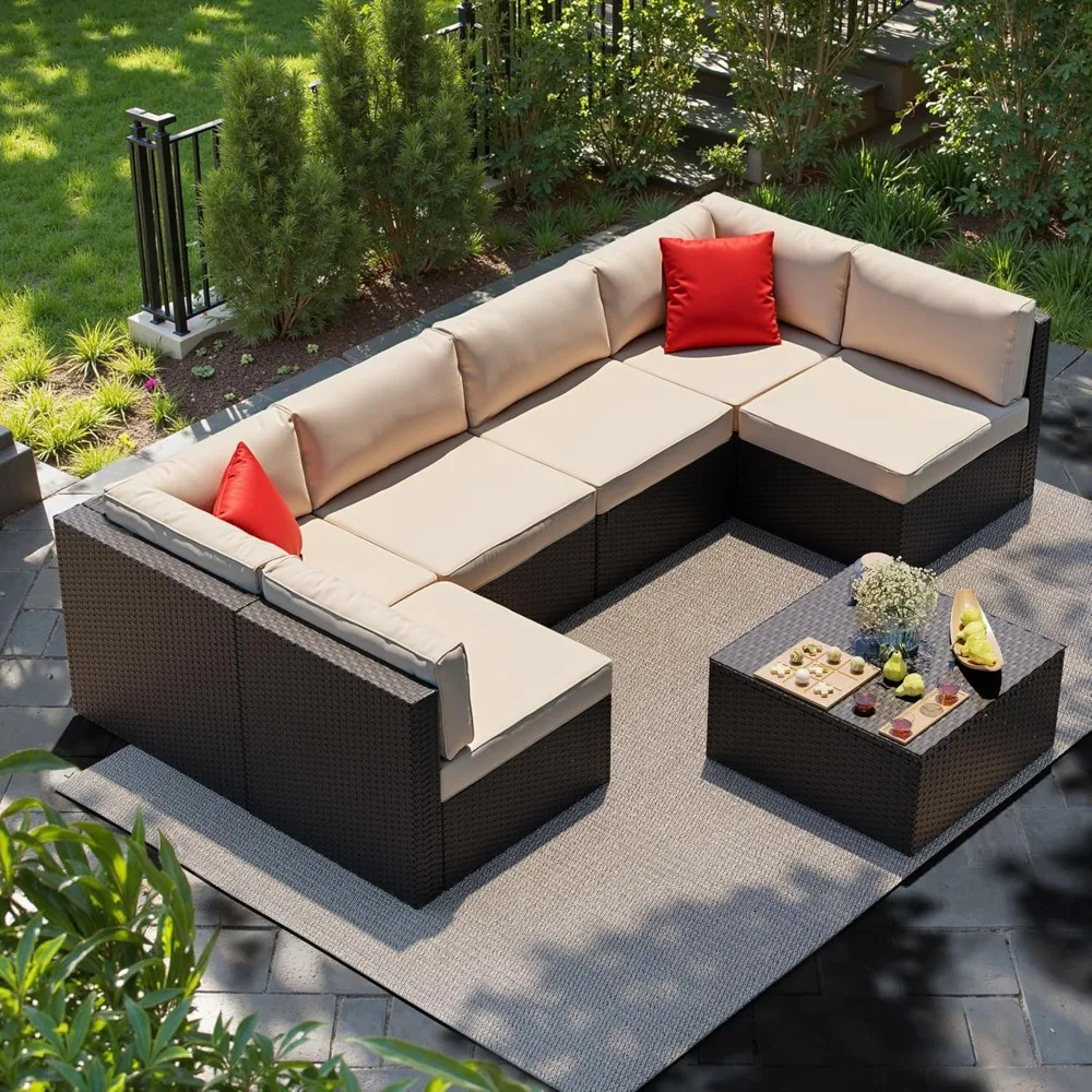 7 Pieces garden furniture set, PE Rattan Manual Weaving Patio Conversation Set with Glass Table&Ottoman Cushion and Pillows