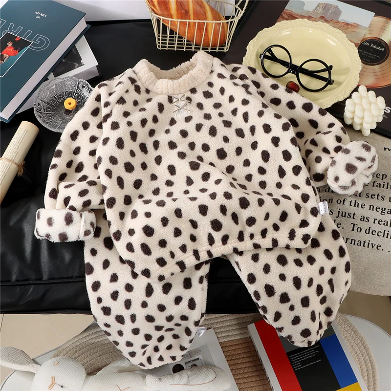 Winter Children Plush Pajama Sets Boys Girls Thicken Warm Suits Kids Print Coat+Pants 2-Piece Home Clothing Baby Pajamas Outfits