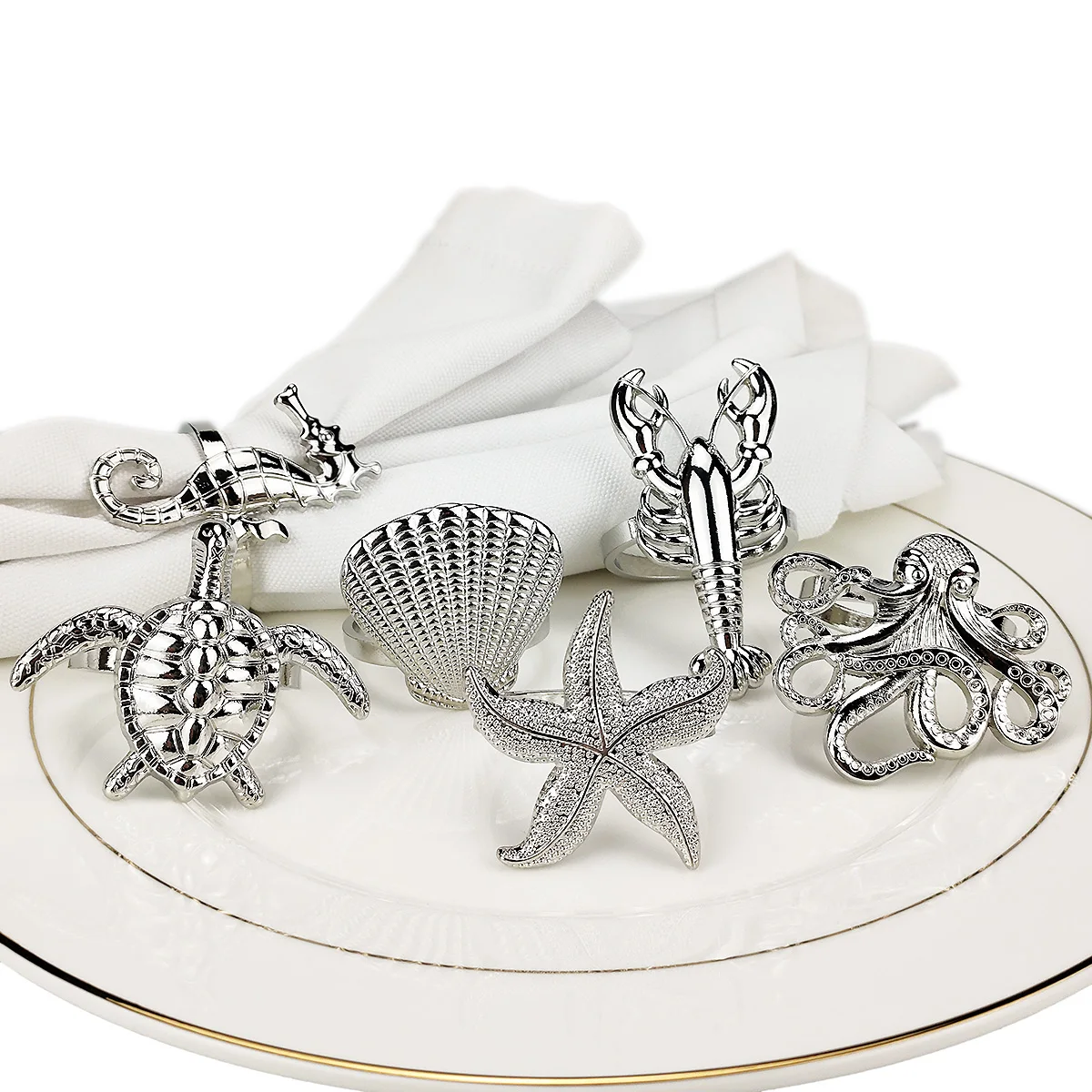 Assorted Silver Nautical Napkin Rings Cut Sea Creature Table Centerpiece Serviette Holder Ring 6 Pcs For Beach Wedding Party