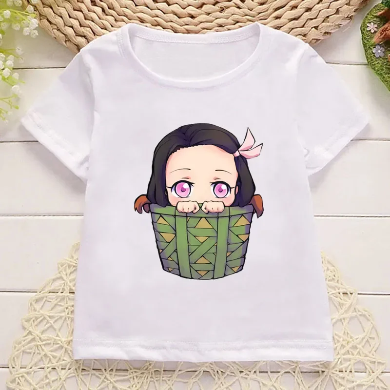 Kaus anak perempuan lengan pendek motif kartun Anime Demon Slayer Kamado Nezuko atasan musim panas bayi laki-laki baju anak-anak kaos lengan pendek