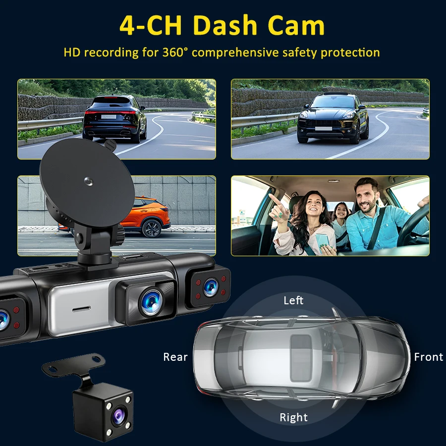 Panoramic 3/4 Lens Channel 1080P HD Ultimate Safety Dash Cam Set, 1080P Front and 720P Full Coverage Front, Rear, Left, and Righ