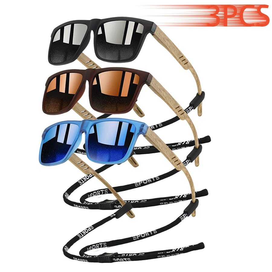 

3 пары классических квадратных модных солнцезащитных очков с цепочкой для мужчин и женщин, для вождения, рыбалки, стильные, легкие, защитные очки с цветными линзами.