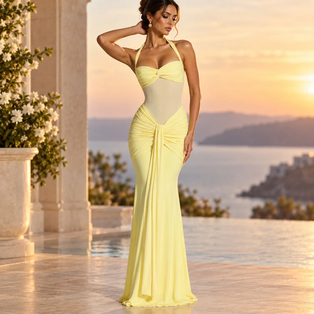 Patchwork Halter Neck Gown with Mid Waist Sexy Slim Fit Maxi Length Single Pencil Skirt No Button Closure Party Dress for Women