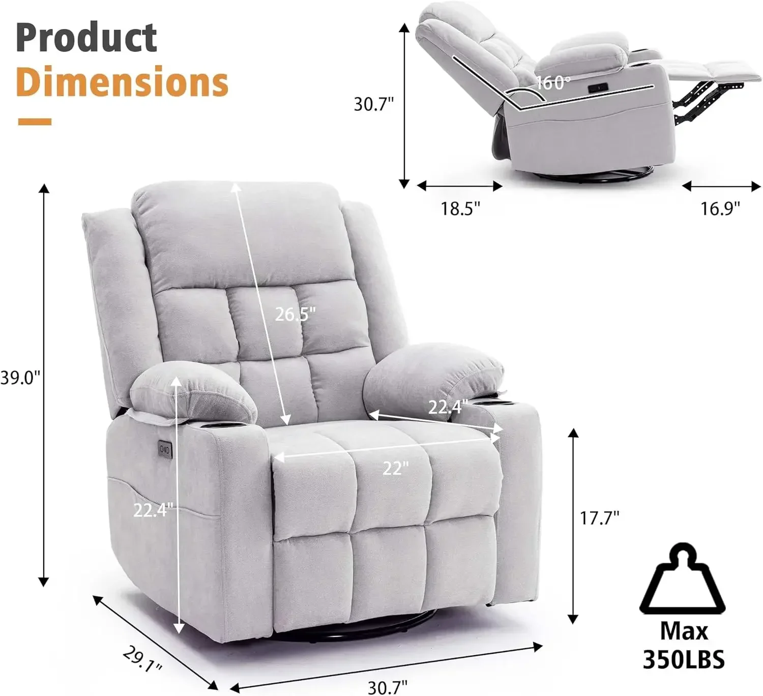 Power Swivel Rocker Recliner Chair for Adults with Massage and Heat, USB and Type-C Ports, Infinite Position