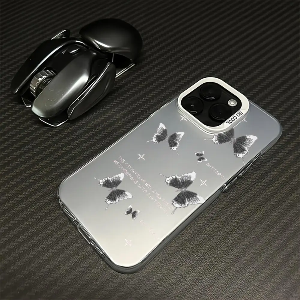 Funda de teléfono con diseño de mariposa plateada adecuada para iPhone 17 16 15 14 13 12 11 Pro/Max/Plus contra caídas y a prueba de golpes