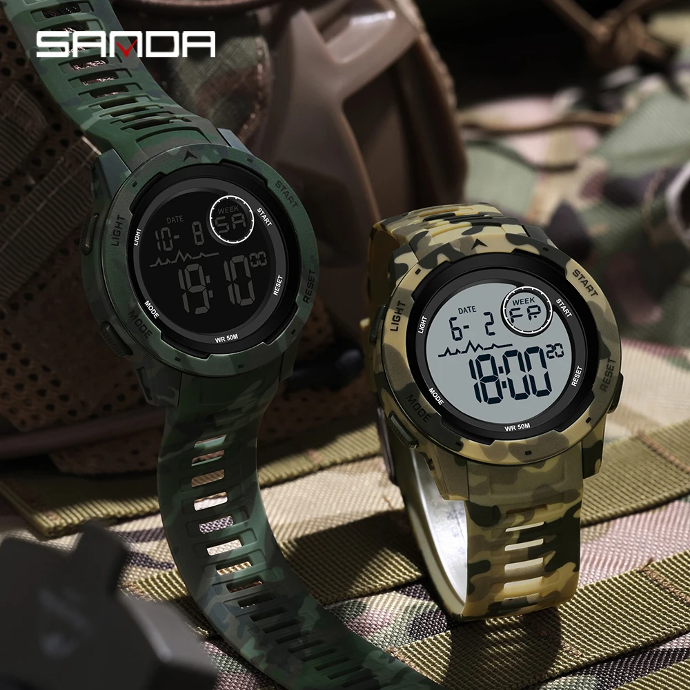 

SANDA 2185 Top Fashion Waterproof Electronic Watch Camouflage Military Style Trendy Cool Men's Multi functional Electronic Watch