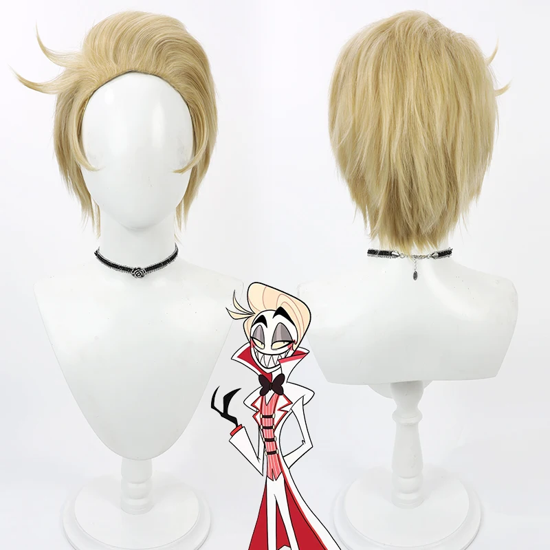 

Game Hazbin Lucifer Cosplay Anime Hotel Lucifer Morningstar Cosplay Wig Short Blond Yellow Hair Halloween