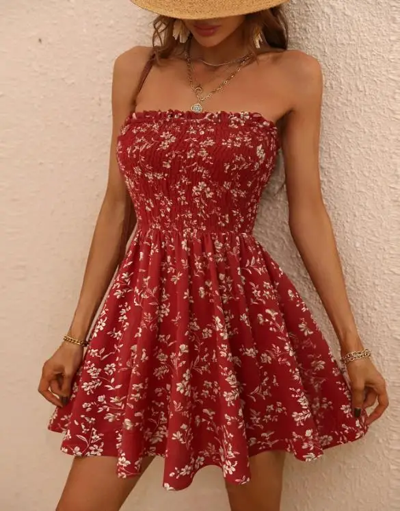 

2026 Summer New Women's Fashion Cute Waist Tight Fit Waist Flower Printed Strapless Skirt Dress Women's Wear
