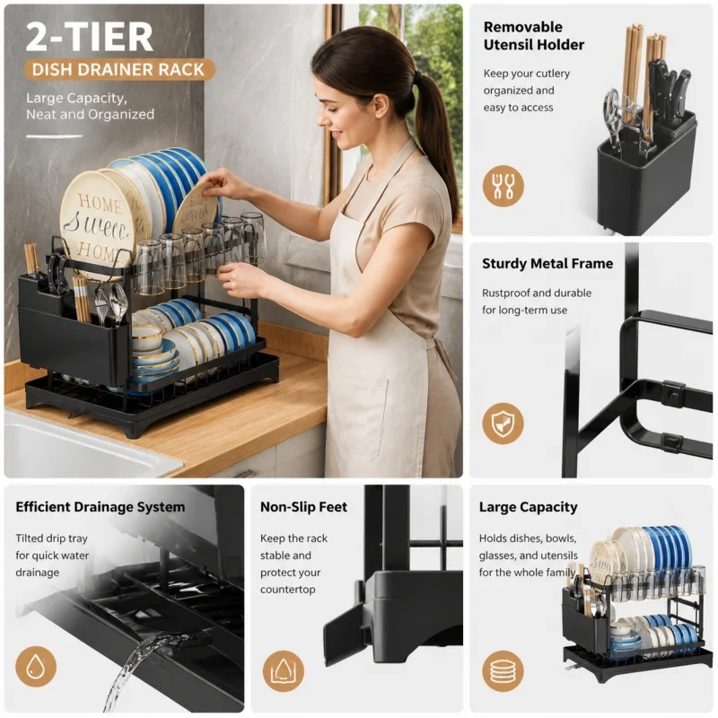 Double-layer large-capacity dish drain rack with water guide plate | Kitchen countertop bowl cup tableware storage rack