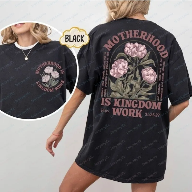 Elegant Christian Mom Cotton Tee Vintage Motherhood Is Kingdom Work Floral T-Shirt Mother's Day Gift Trend Clothes for Women