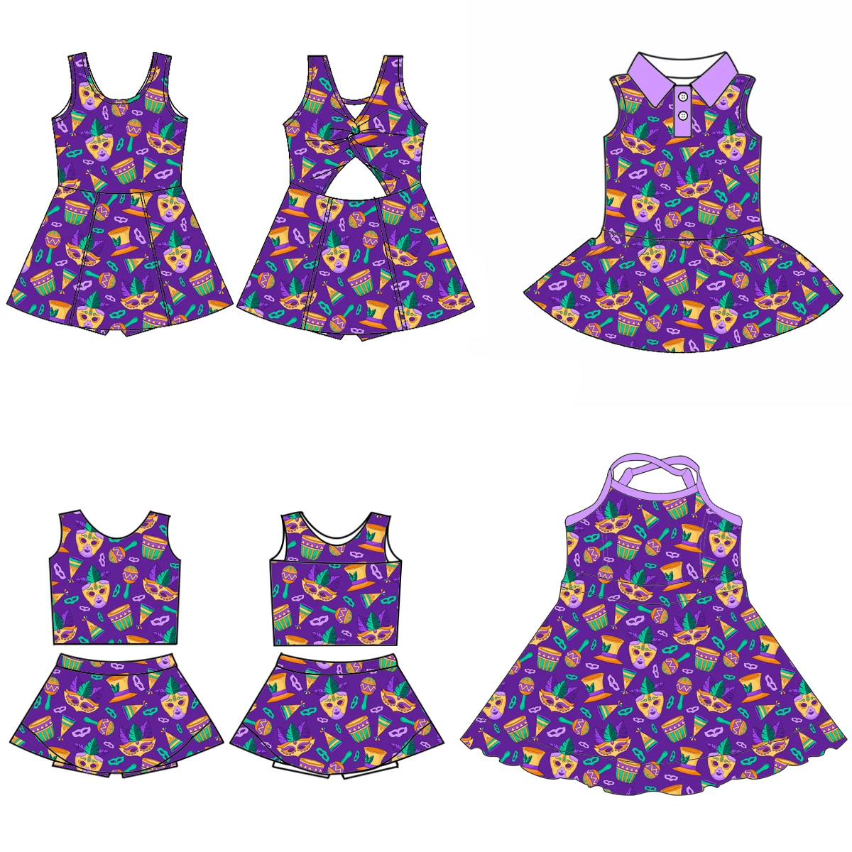 

Летнее модное платье без рукавов для девочек с фиолетовым принтом Mardi Gras и комплект бутиковой юбки