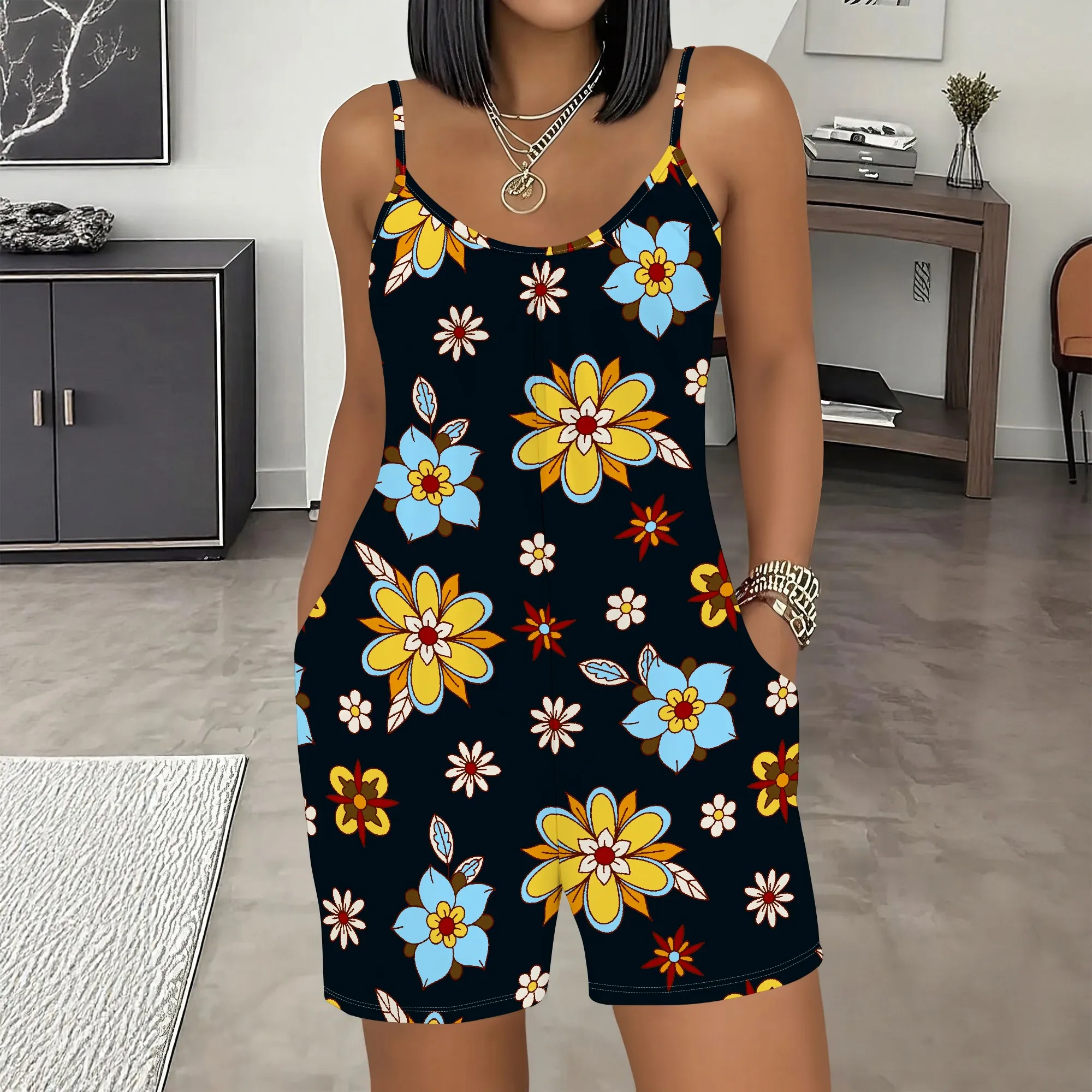 

Floral Romper, Sleeveless V-Neck Playsuit, Boho Summer Jumpsuit with Pockets, Beach Vacation Outfit for Women, S-2XL