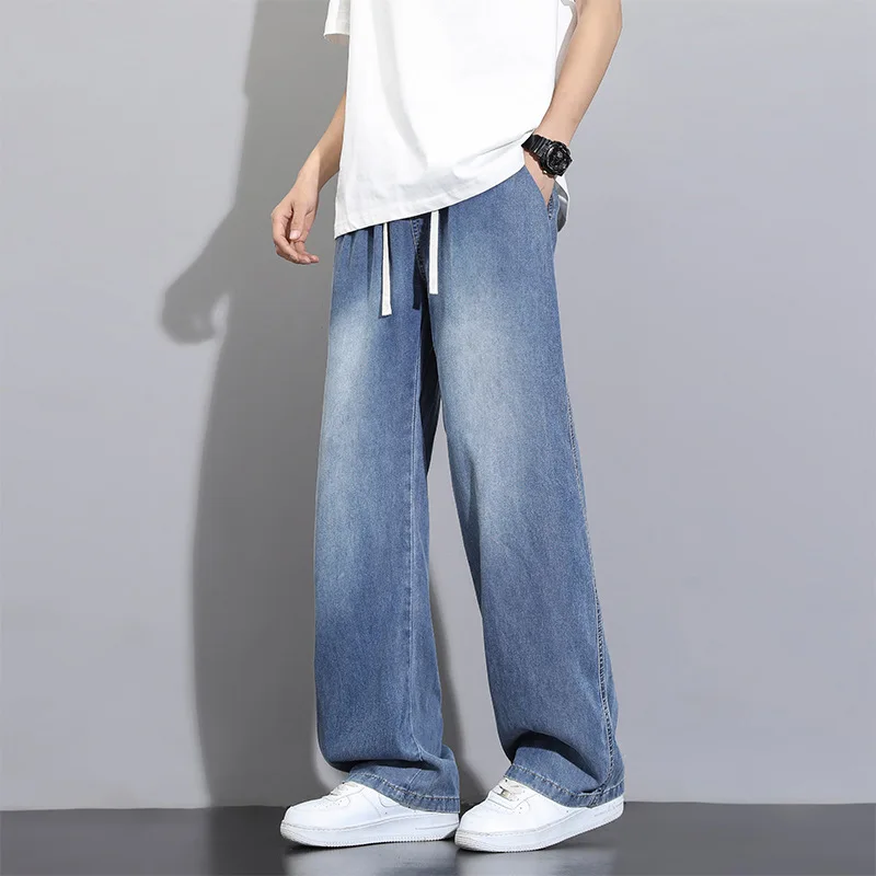 

2025 Four Seasons New Fashion Mne's Solid Color Casual Trendy Loose Wide Leg Straight Denim Trousers Male American Jeans Pants