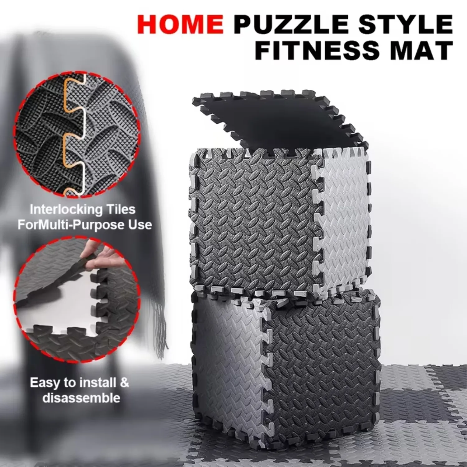 30x30cm EVA Yoga Studio Floor Tiles 1cm Thick Interlocking Foam Exercise Mat Non-Slip Home Fitness Floor Mat Black Set