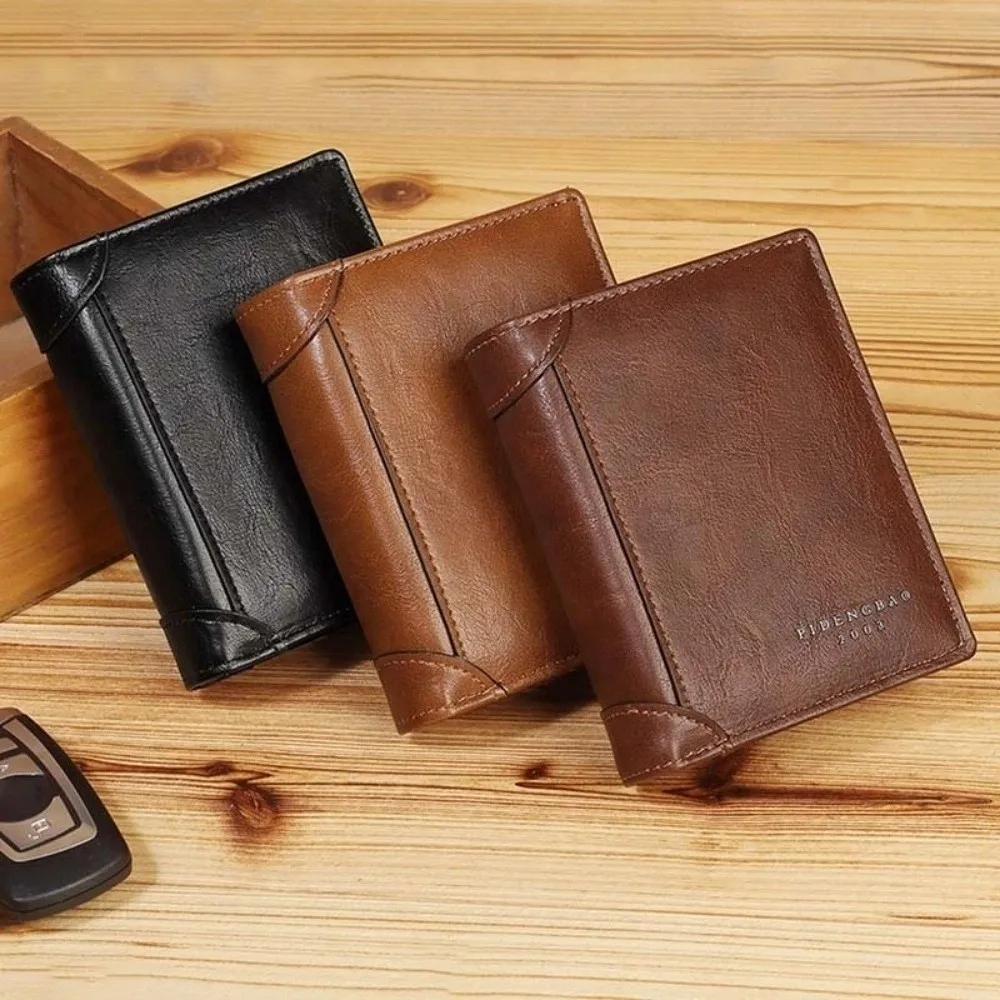 Korean Fashion Short PU Leather Wallets ID Credit Card Multi Function Card Holder Zipper Pouch Storage Men Clutch Bag Business