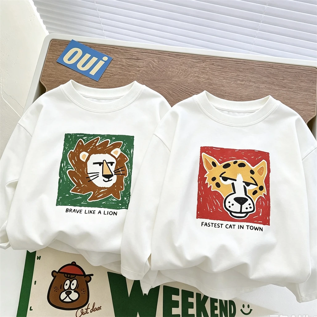 White T Shirt Cartoon Animals Print Base Shirt Round Neck Pullovers 2026 Toddler Spring Summer Thin Simple Pure Cotton Tees