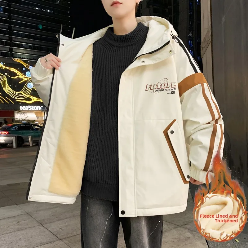 

Men's Fce Lined Hooded Jaet Autumn Winter Casual Faion Warm School Sle Splicing Trendy Zipper Coat Youth Polyester F...