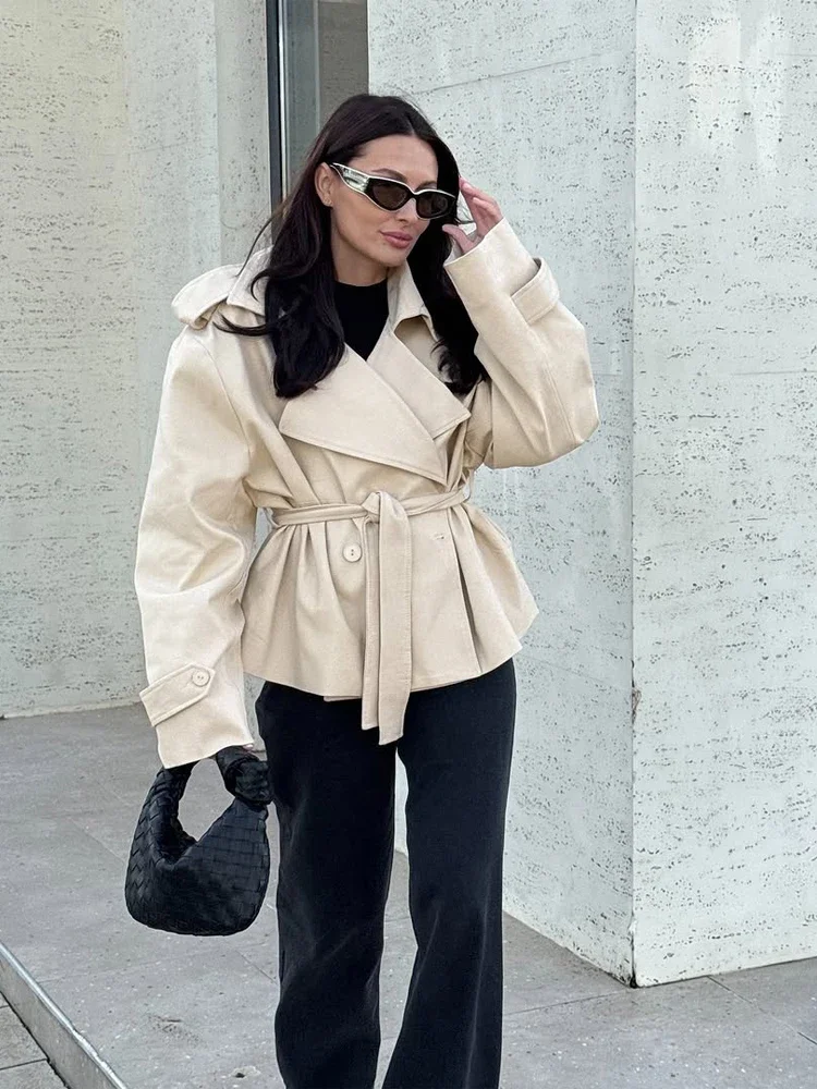 

Fashion Lace-up Short Trench Coat Women Solid Lapel Full Sleeve Single Button Loose Windbreakers 2026 Lady Commute Casual Coat