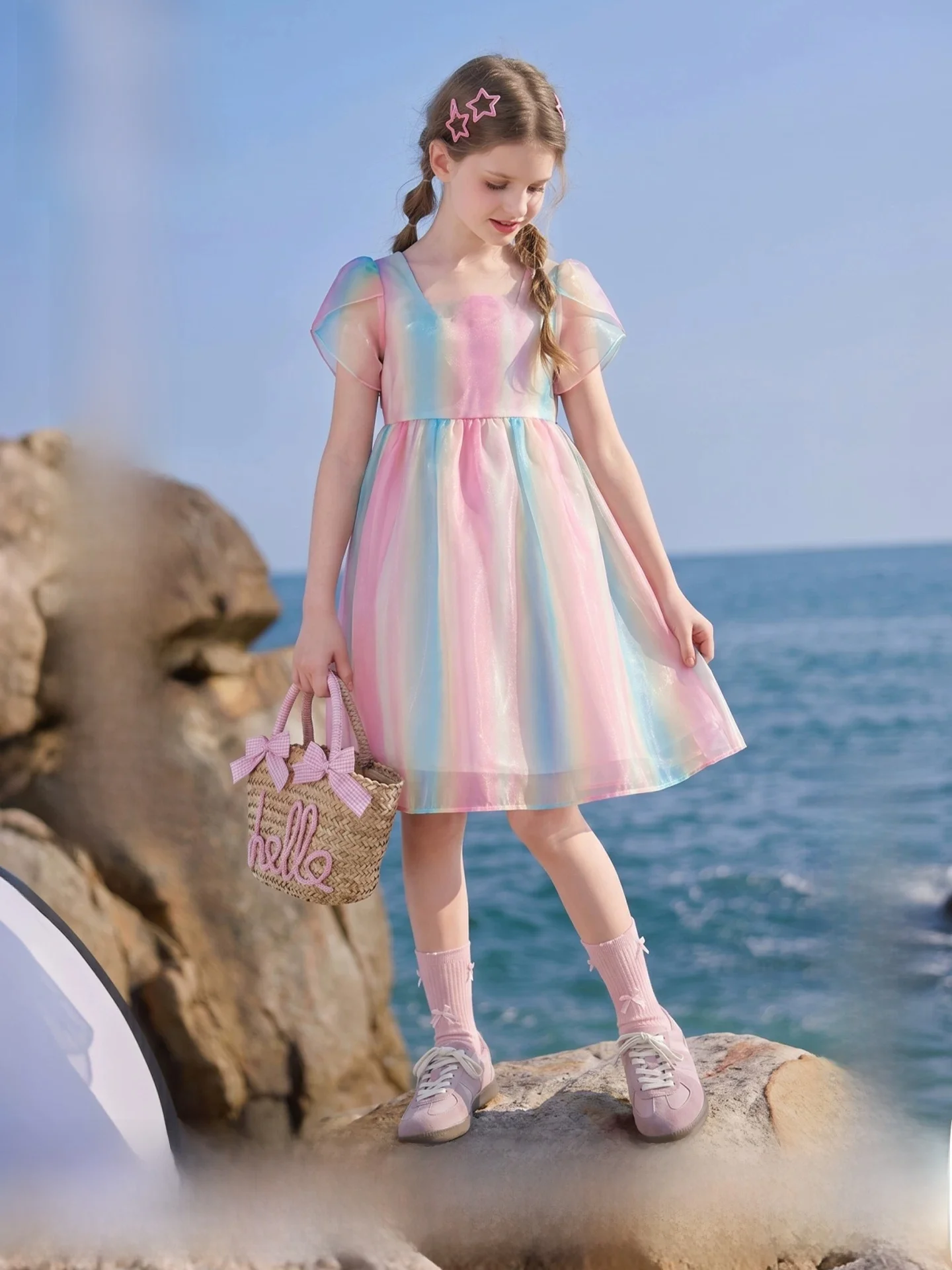 robe-arc-en-ciel-pour-filles-manches-en-petales-col-carre-jupe-en-maille-style-princesse-a-la-mode-vetements-pour-enfants-nouvelle-collection-d'ete