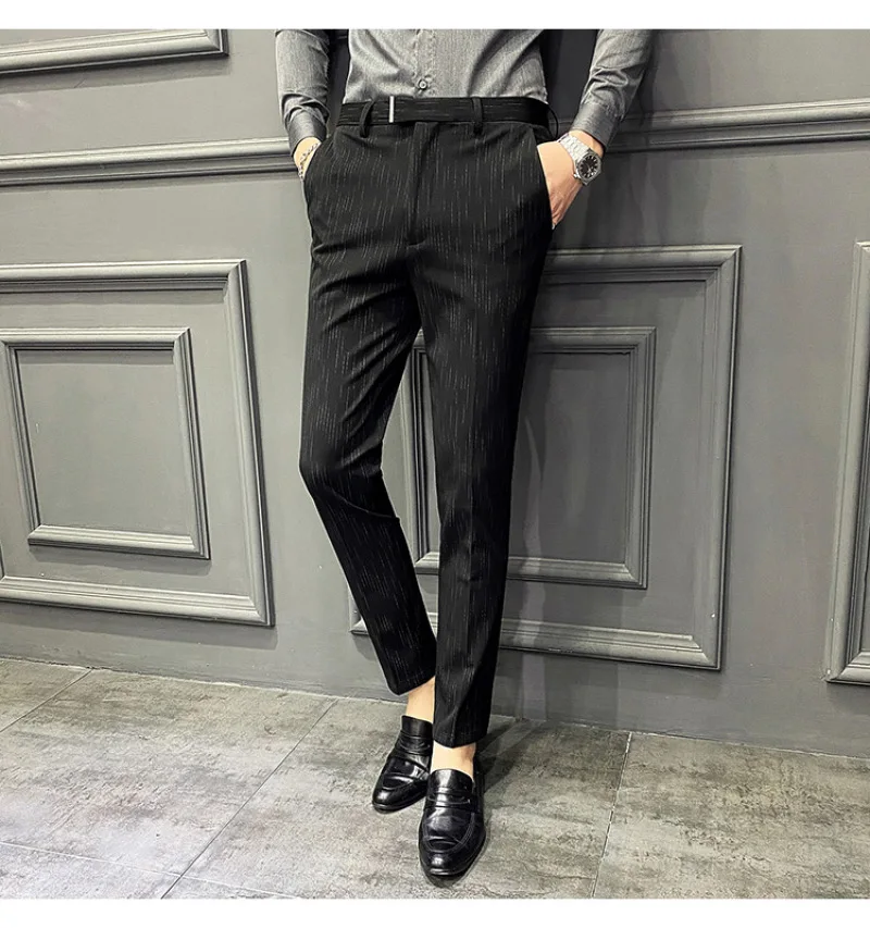 Striped Formal Suit Pants Men Spring New High-quality Business Casual Stretch Slim Straight Trousers Brand Mens Clothing