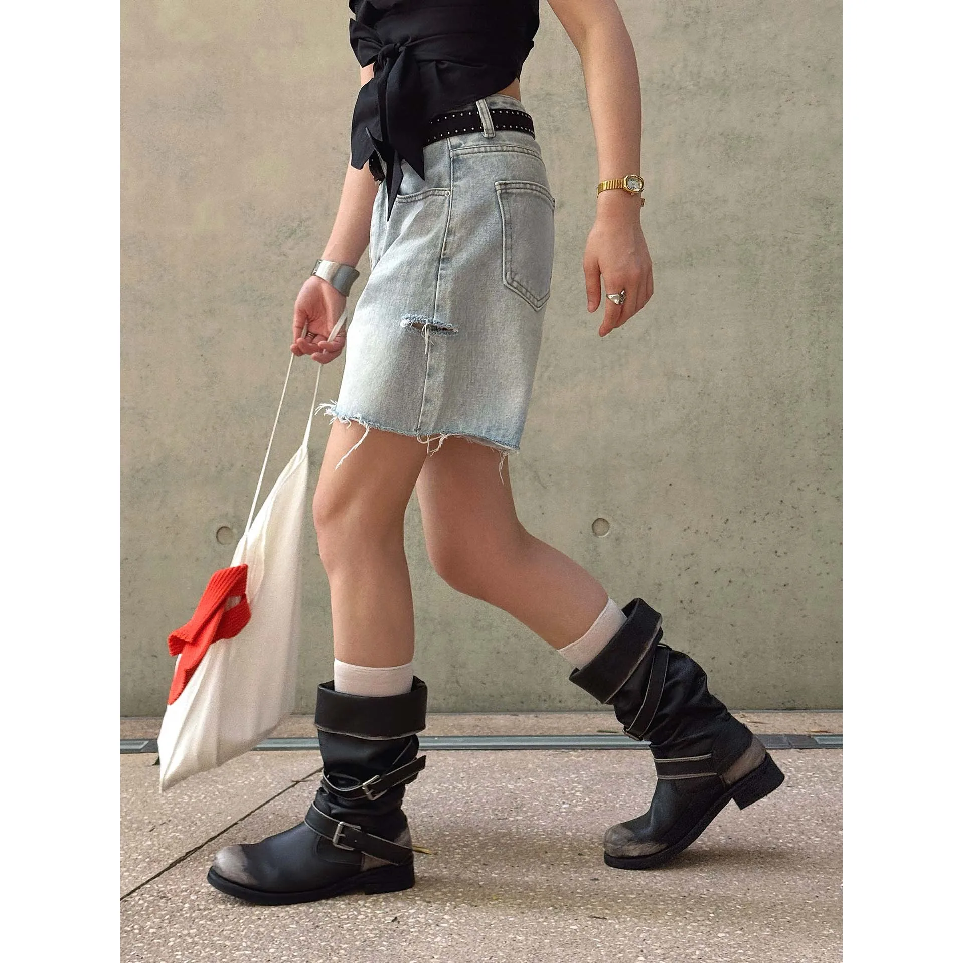 

Summer Vintage Washed Distressed Ripped Frayed Hem Loose Wide-Leg Mid-Length Jeans For Women
