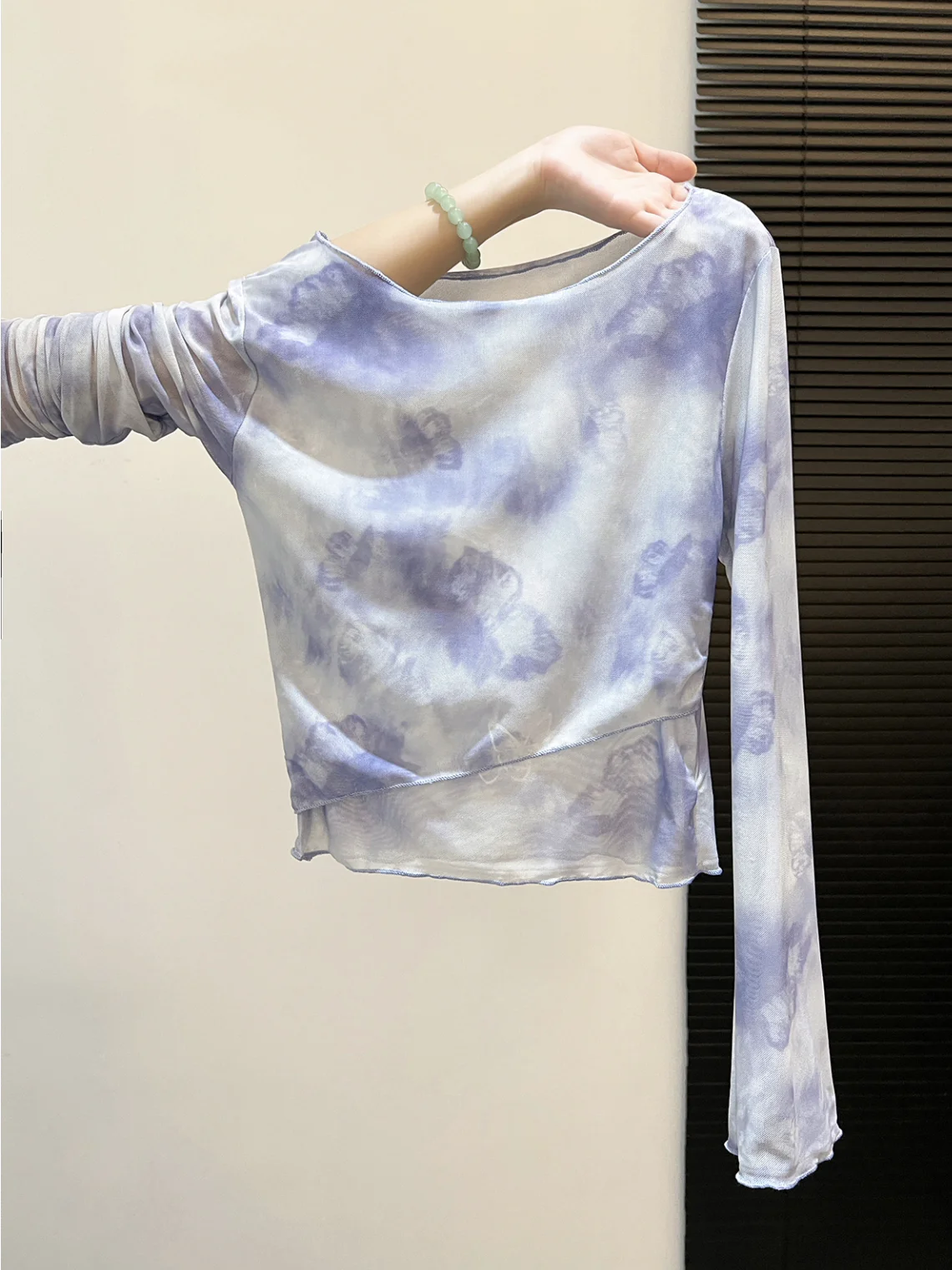 

Корейская футболка Sle Tie Dye Long Sve, женский утягивающий топ Me, дизайн на одно плечо, ранний осенний наряд