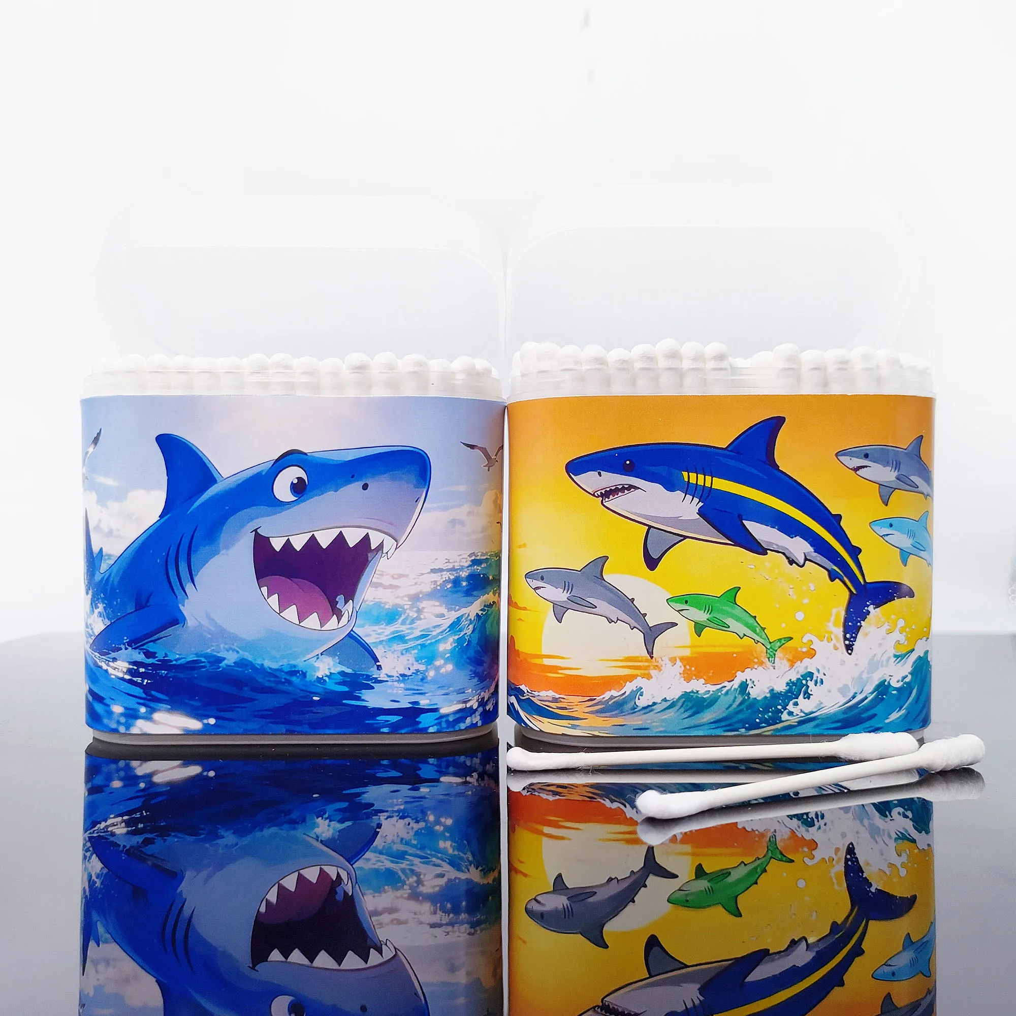 200 uds/400 Uds hisopo de algodón con temática de tiburón hisopo de algodón con patrón creativo cuchara de tornillo de doble cabeza multifuncional hisopo de algodón.