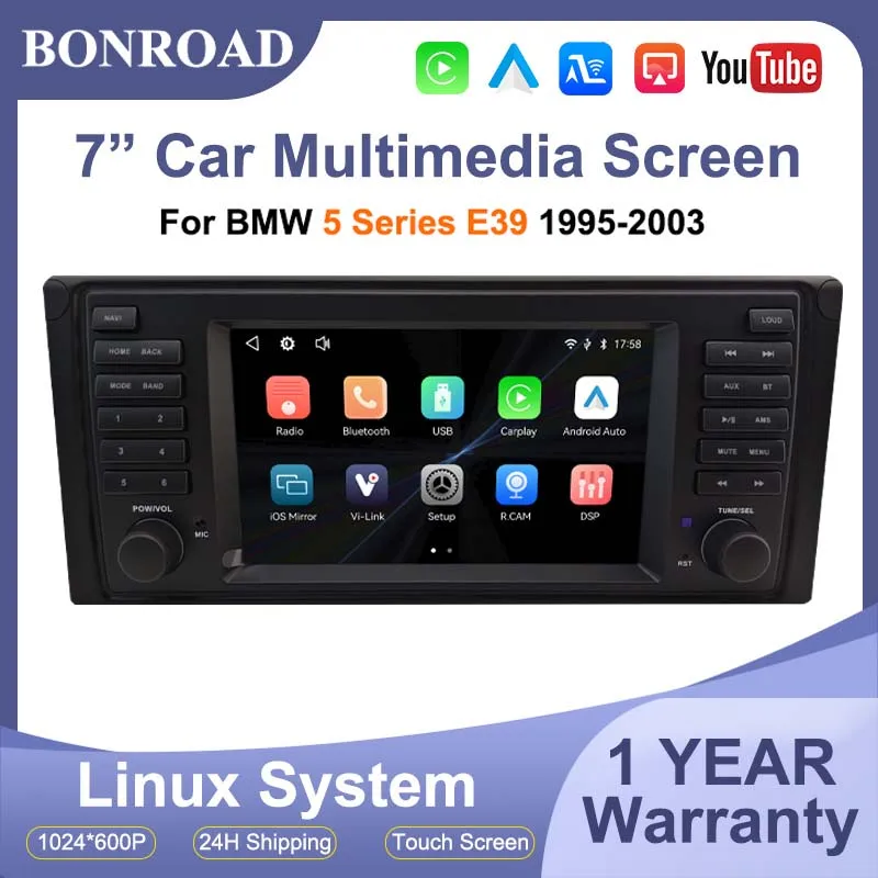 BONROAD, autoradio multimediale con schermo touchscreen da 7 pollici e sistema Linux, compatibile con BMW Serie 5 E39 (1995-2003). Supporta Carplay wireless, Android Auto, Airplay, Bluetooth e