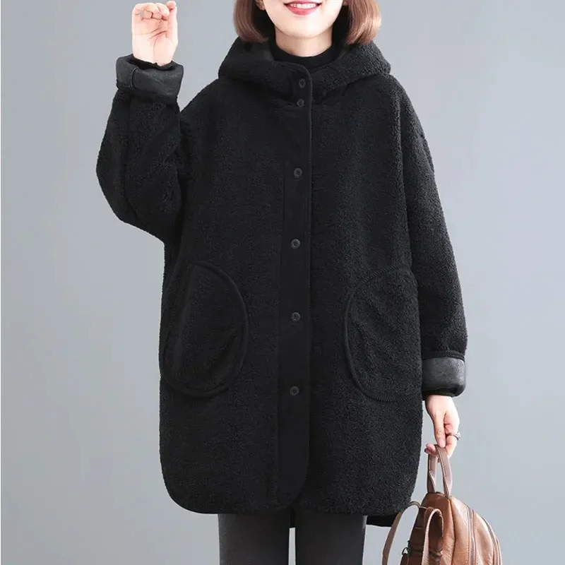 2024 Winter New Korean Loose Lamb Wool Coat Women's Thicken Cotton Jacket Ladies Hooded Coat Female Warm Long Parkas Overcoat