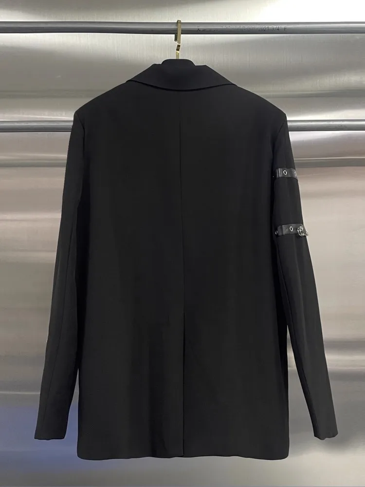 Modeketen Pin Ontwerp Vrouwen Blazers Zwart Jasje Loose Fit Klassieke Schouder Gewatteerde Jas Revers Herfst Banket Bovenkleding