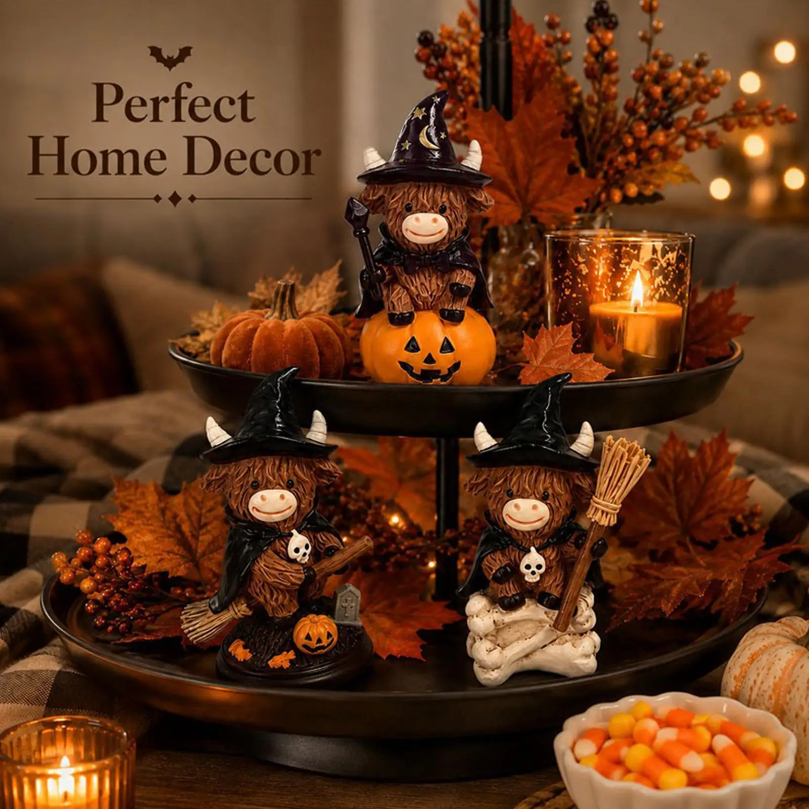 Resin Highland Cow Statue Halloween Decorative Mini Figurine Exquisite Craft Desktop Ornament For Indoor Cabinet Holiday Layout