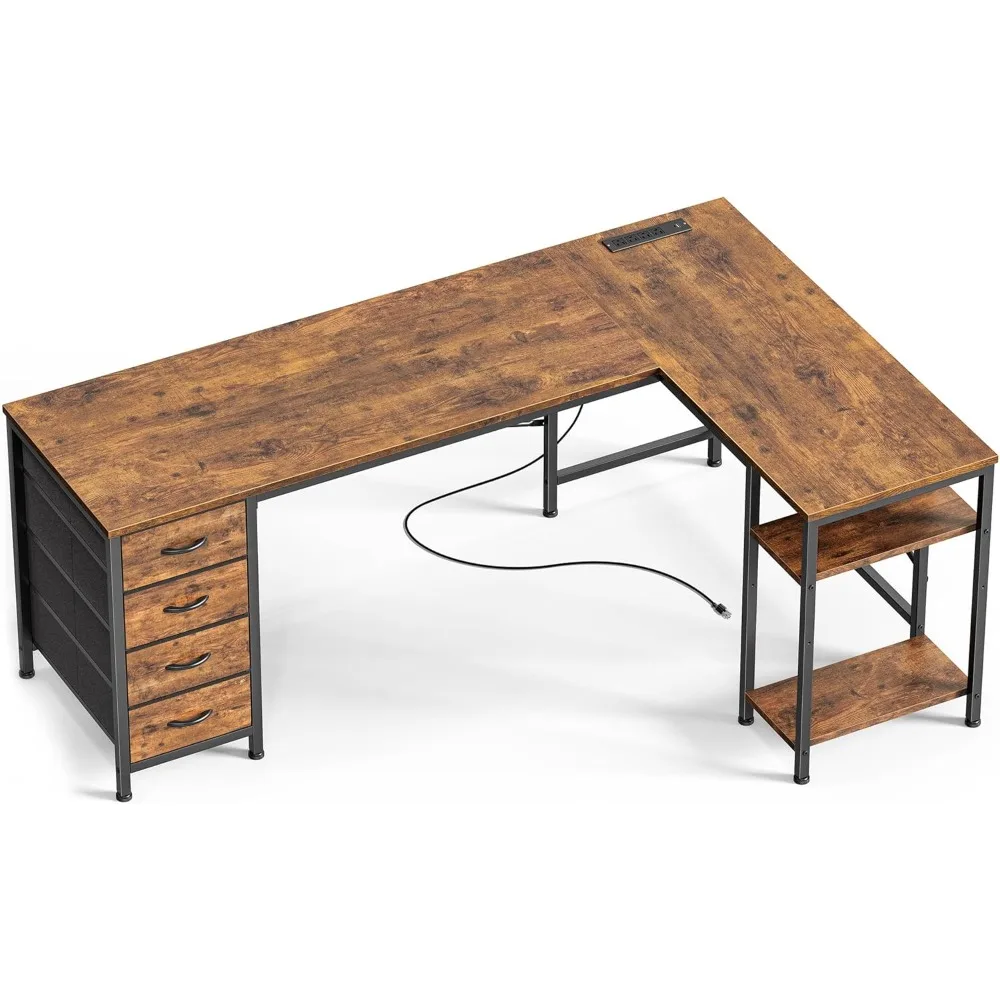 

63 Inch L Shaped Desk with Fabric Drawers, Computer Office Desk with Power Outlets and USB-C Port, Corner Desk with Storage She
