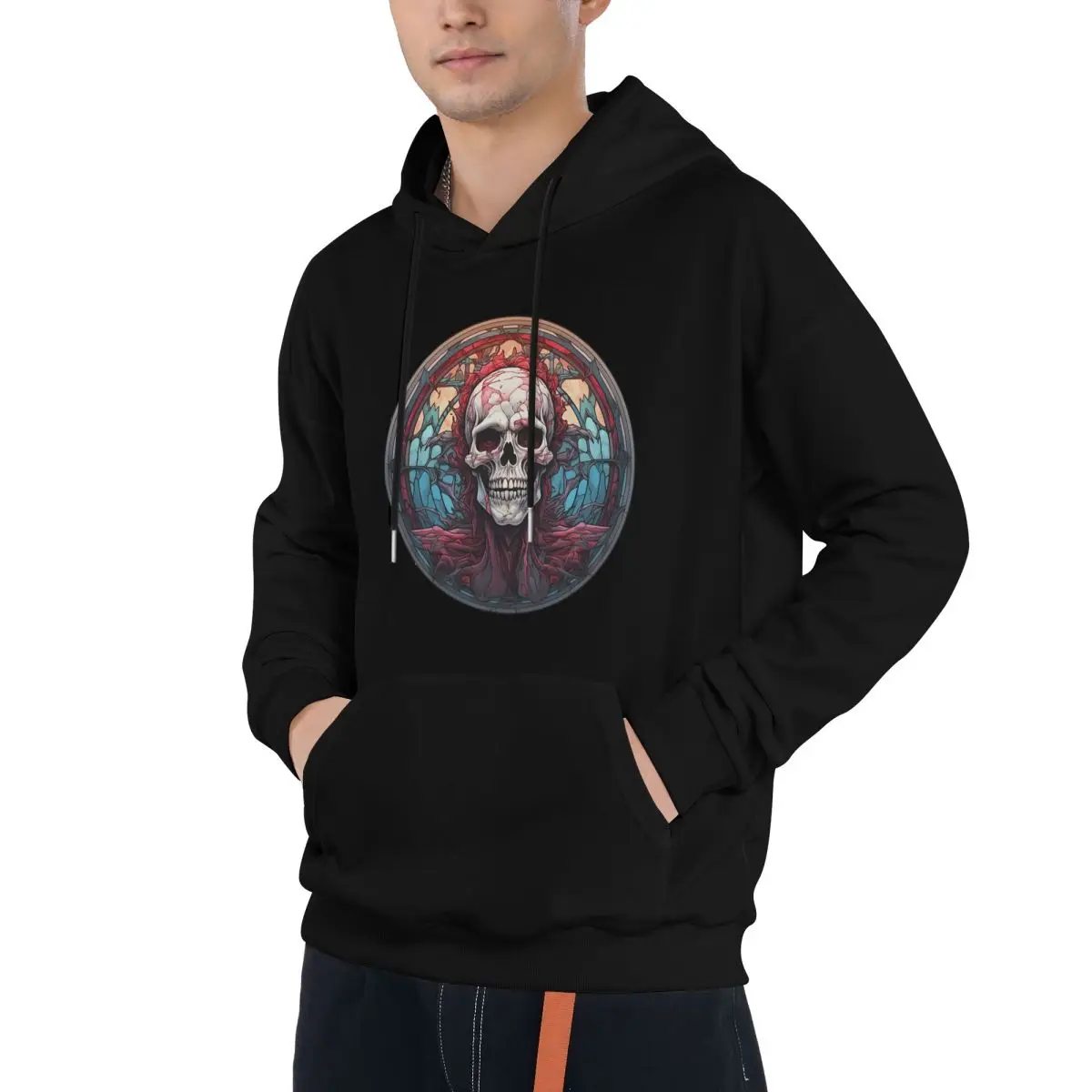 Funny Skull Men's Durable Hooded Sweatshirts Long Sleeve Casual Waffle Knit Pullover Hoodies with Sturdy Kanga Pocket